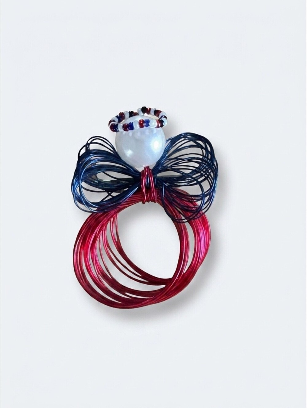 Handmade Patriotic Wire Angel Brooch Red White Blue Beaded Pin 3 Inch